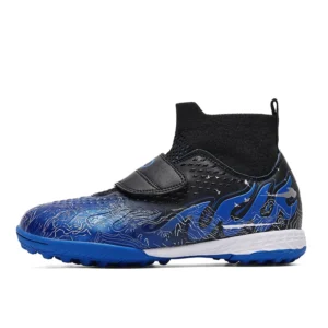 Black and blue 3001 kids high-top hook-and-loop soccer shoes with TF outsole - STUWEKI