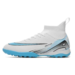 White and blue 2577 high-top soccer shoes with TF outsole - STUWEKI