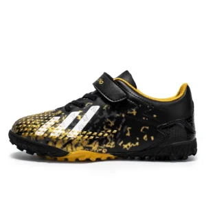 Kids hook-and-loop black gold TF soccer shoes side view