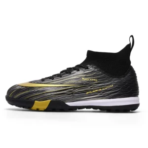 High-top black and gold turf soccer shoes side view
