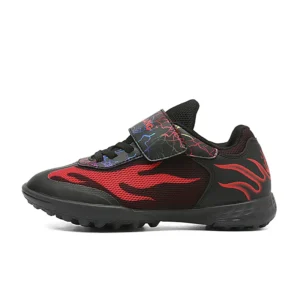 Black and red 5111 kids mesh hook-and-loop soccer shoes with TF outsole - STUWEKI