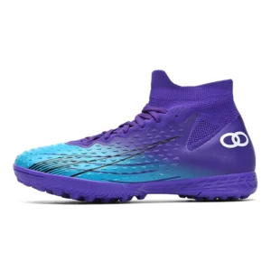X805 seamless high-top purple cyan TF turf soccer shoes side view