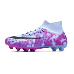 Pink and blue X803 high-top soccer cleats with FG outsole - STUWEKI