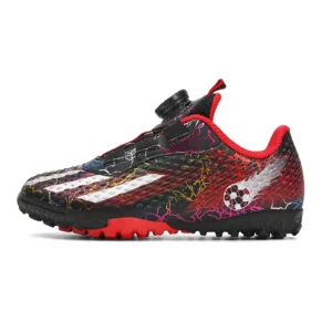 Black and red kids dial closure soccer shoes with TF outsole - STUWEKI 6311