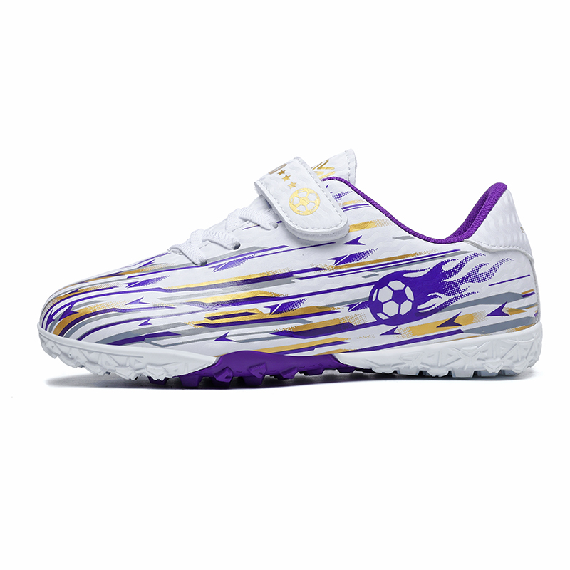 Kids Velcro TF Soccer Shoes - White / Purple