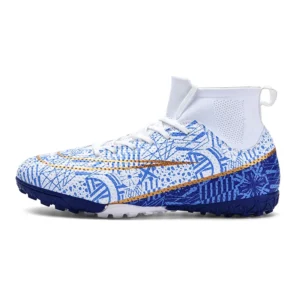 White and blue 2377 high-top soccer shoes with TF outsole - STUWEKI