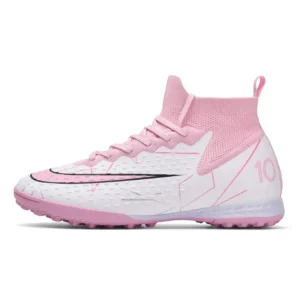 Pink and white high-top soccer cleats with TF outsole - STUWEKI X801